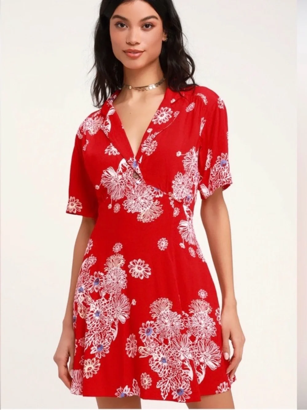 Free People Blue Hawaii Red Floral Print Mini Dress S